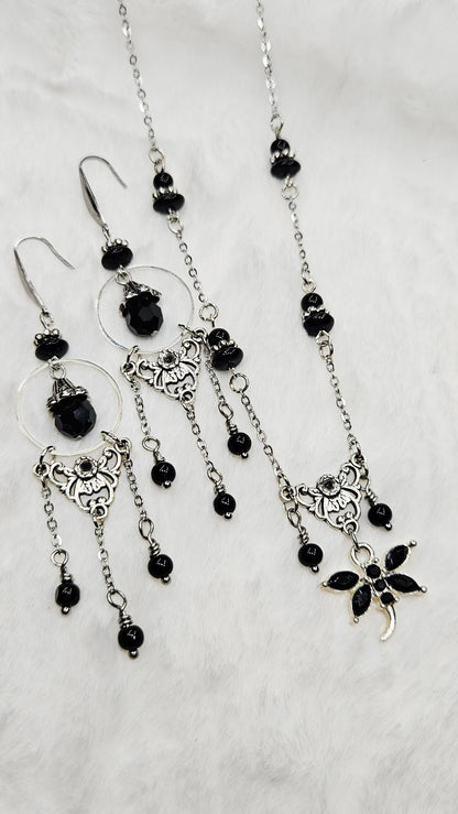 Vintage Filigree Set - Black Crystal Dragonfly and Silver Filigree Pendant Necklace with Earrings