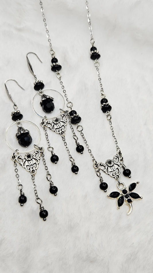Vintage Filigree Set - Black Crystal Dragonfly and Silver Filigree Pendant Necklace with Earrings