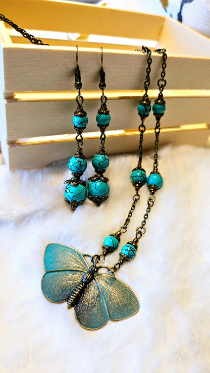Butterfly Blues Set - Pure Brass Butterfly Pendant Necklace with Turquoise Style Beads & Matching Earrings