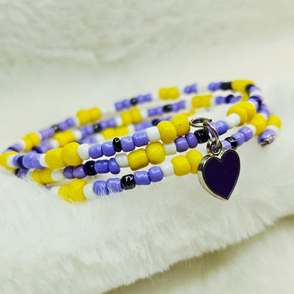Playful Purple and Yellow Seed Bead Wrap Bracelet with Purple Heart Charm
