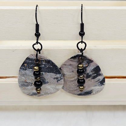 Black and Brown Gold Flake Marble Polymer Clay Earrings with Black Bead Dangles