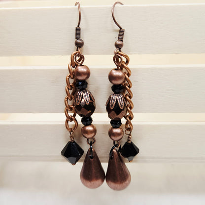 Antiqued Copper Chain Earrings with Black and Bronze Crystals