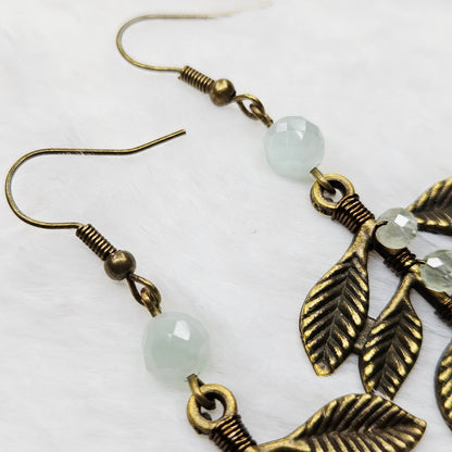 Green Aquamarine and Prehnite Crystal Antiqued Brass Branch Dangles