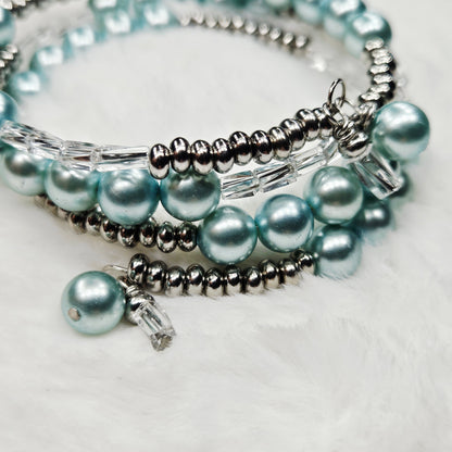 Cool Blue Pearl Wrap Bracelet and Earrings Set