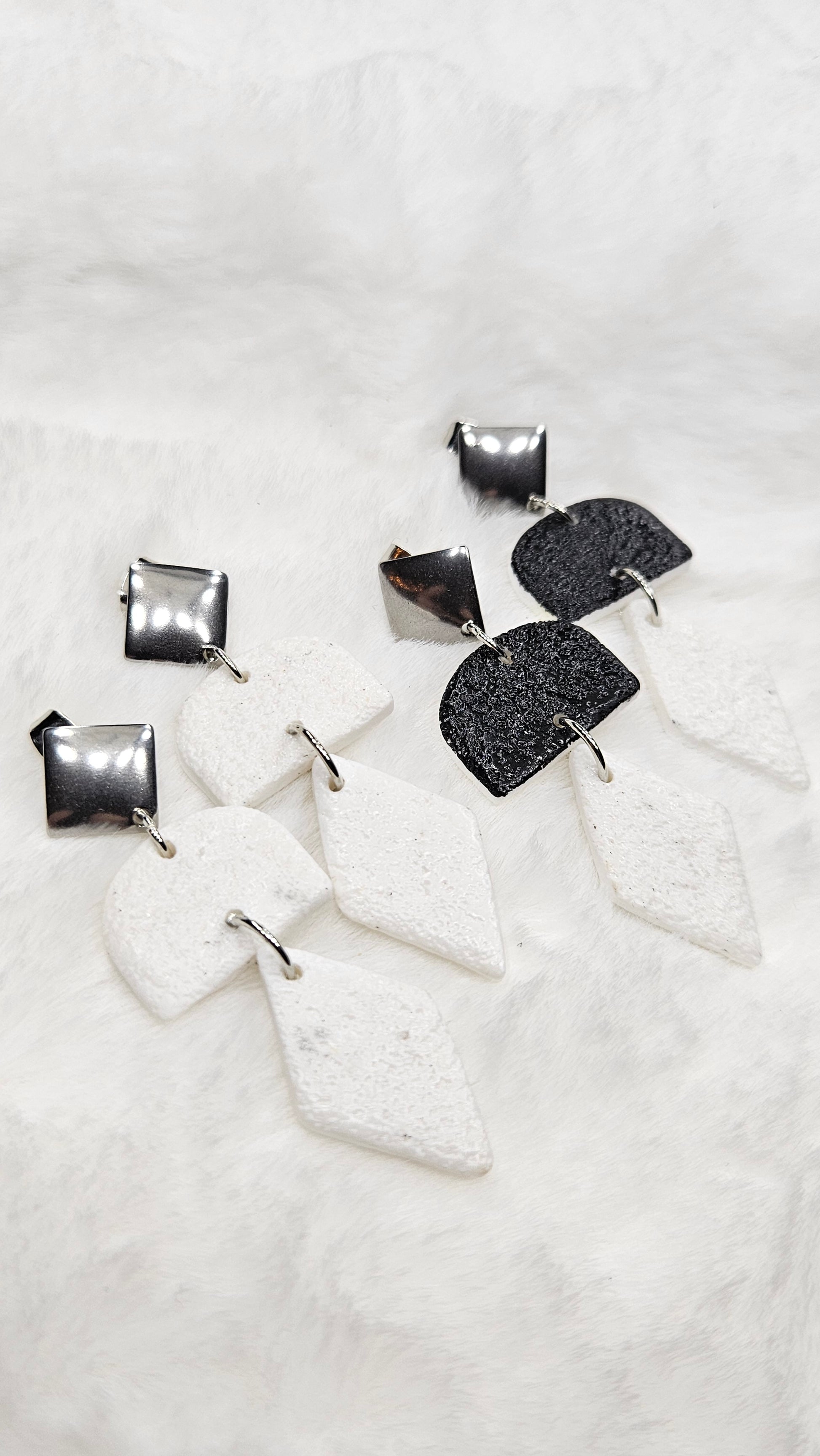 Monochrome Clay Kites Stud Dangle Earrings with Black or White Arches