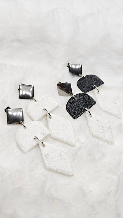 Monochrome Clay Kites Stud Dangle Earrings with Black or White Arches