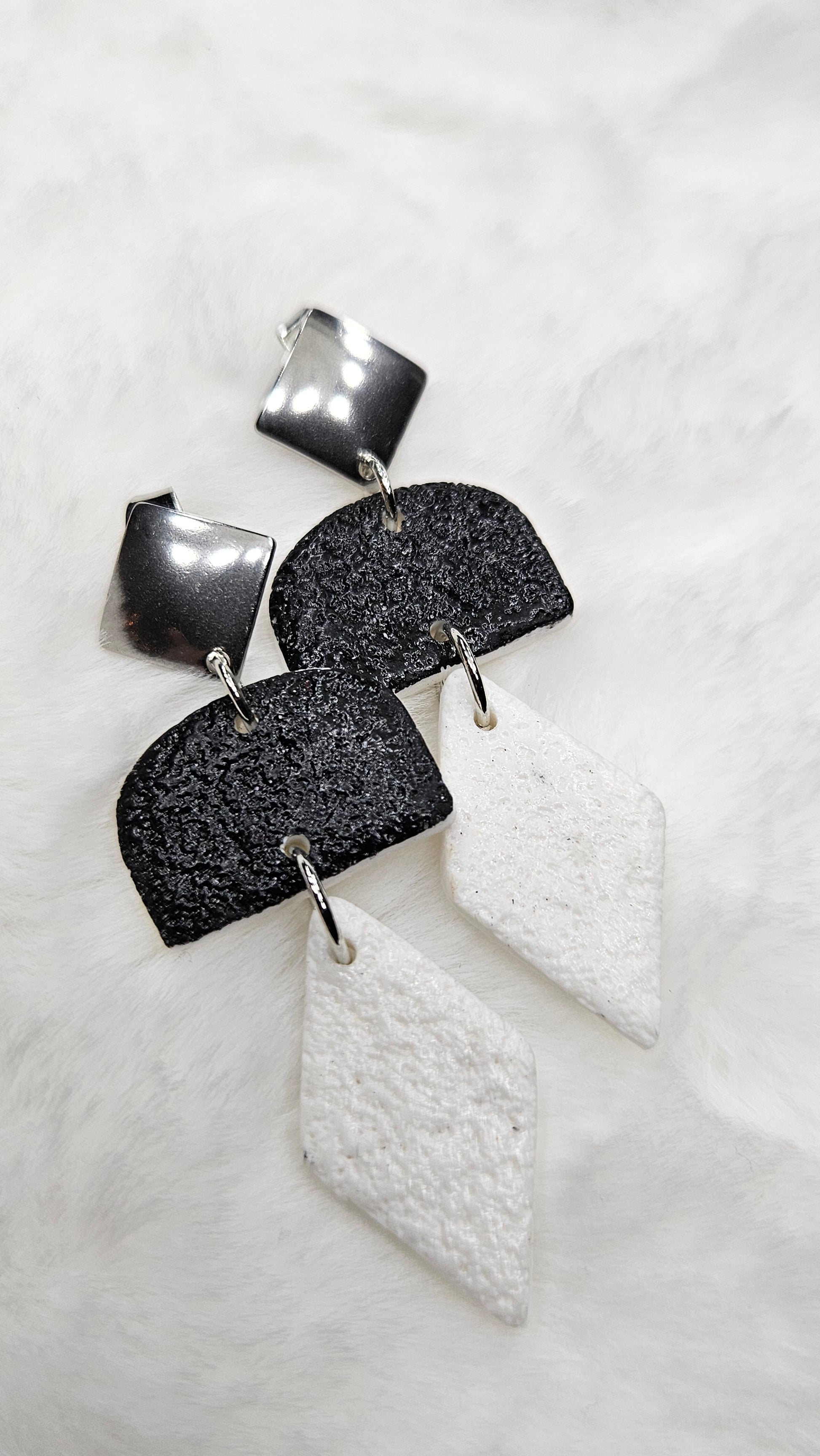 Monochrome Clay Kites Stud Dangle Earrings with Black or White Arches
