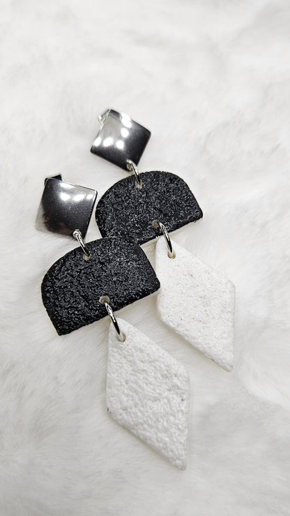 Monochrome Clay Kites Stud Dangle Earrings with Black or White Arches