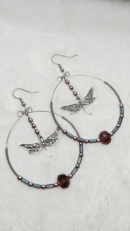 Ornate Silver Dragonflies in Large Silver Wire Wrapped Purple Beaded Hoops Earrings - 3¼"x2½"