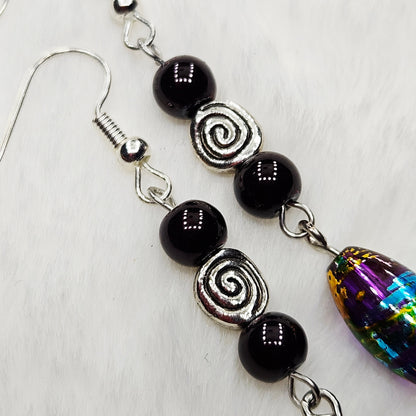 Multicolored Metallic Dangle Earrings with Silver Swirls - 2½"