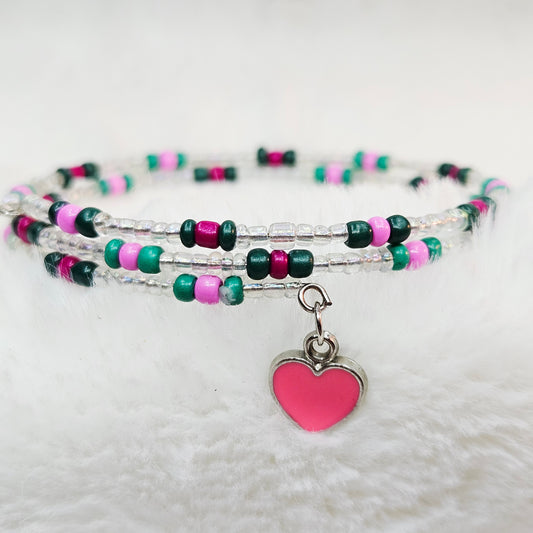 Precious Pink and Green Seed Bead Wrap Bracelet with Pink Heart Charm