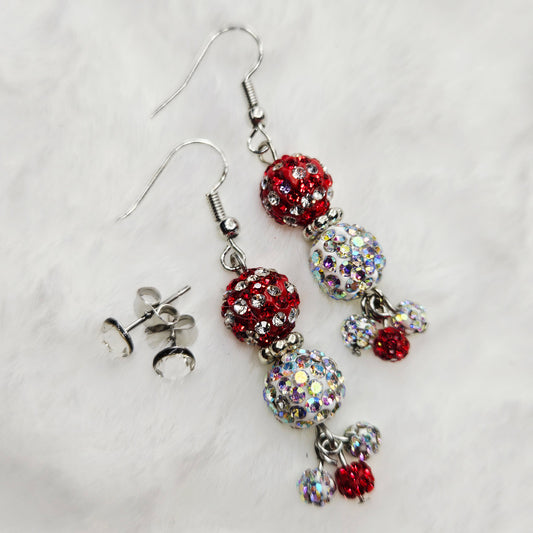 Super Sparkly Red and White Rhinestone Disco Ball Earrings with White or Red Studs