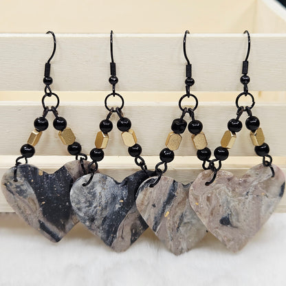 Black and Brown Gold Flake Marble Heart Polymer Clay Earrings with Black and Gold Beads