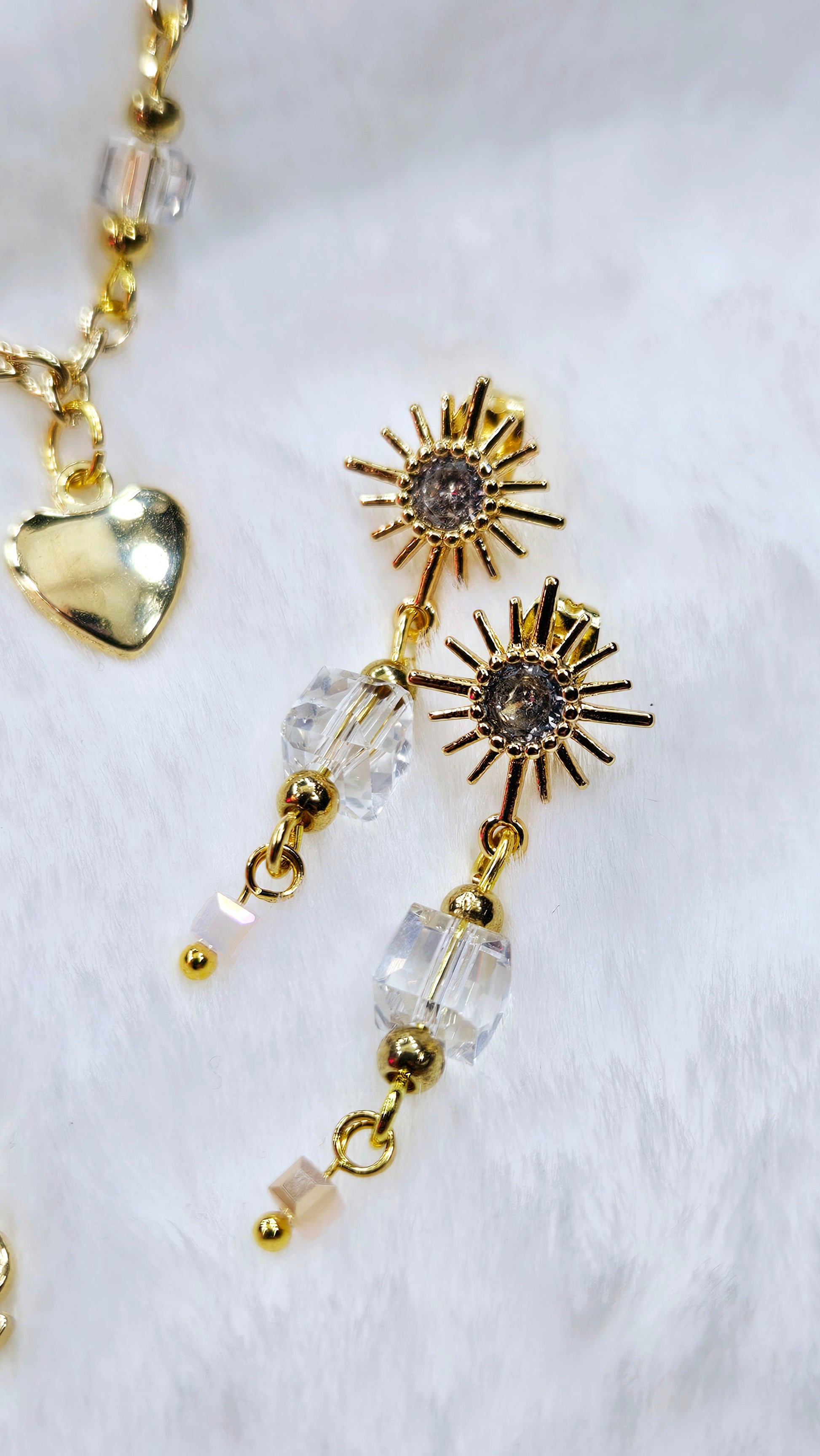 Love in Luxury Set: Gold Love Pendant Necklace, Heart Charm Bracelet, and Square Crystal Stud Dangle Earrings