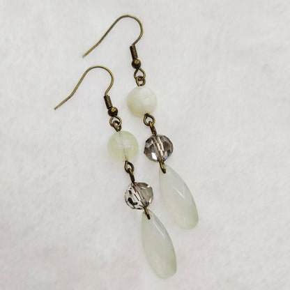 Antiqued Brass Ivory Natural Gem Cut Stone and Smokey Crystal Earrings with Gem Cut Teardrop Dangles