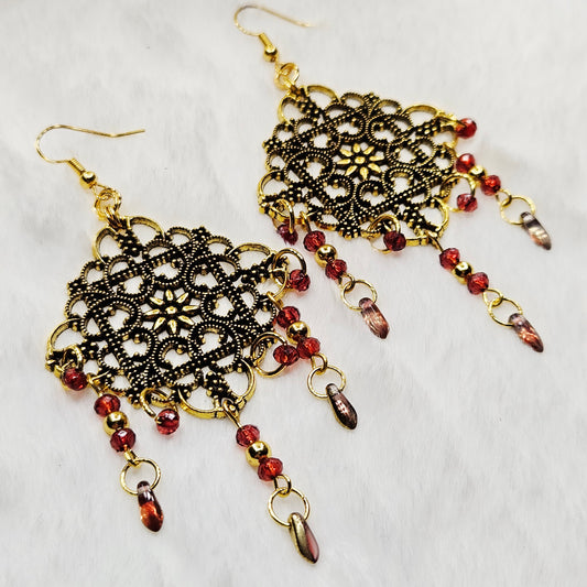 Square Antique Gold Tibetan Filigree Rhombus Chandelier Earrings with Red Dangles