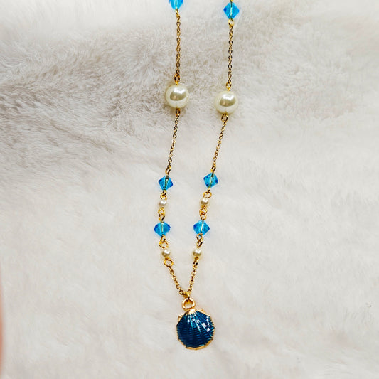 Blue Clam Shell Pendant Necklace with Light Blue Crystals and Pearls on Gold Chain