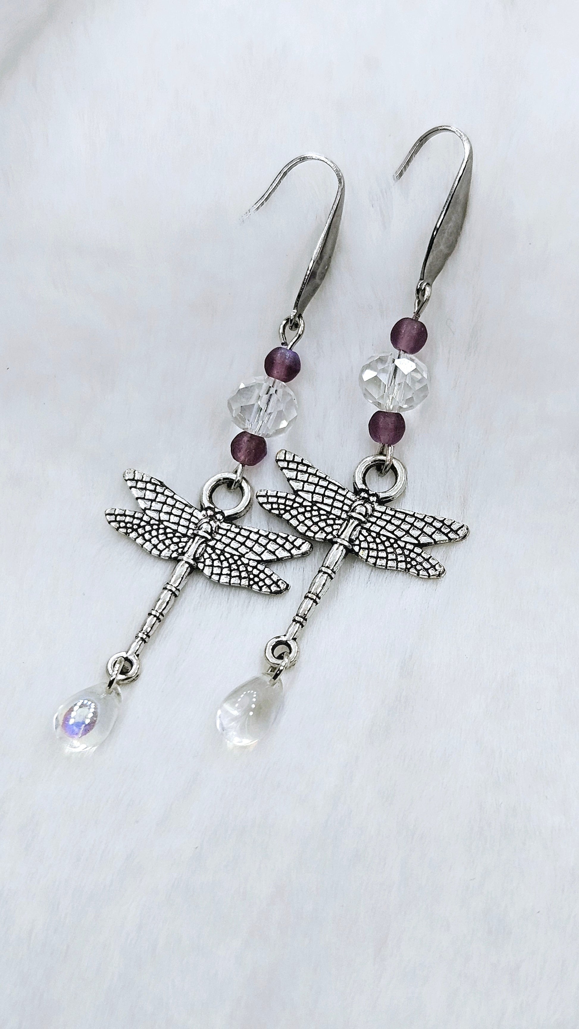 Silver Dragonfly & Crystal Dangle Earrings