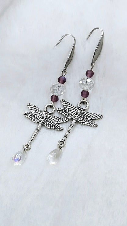 Silver Dragonfly & Crystal Dangle Earrings