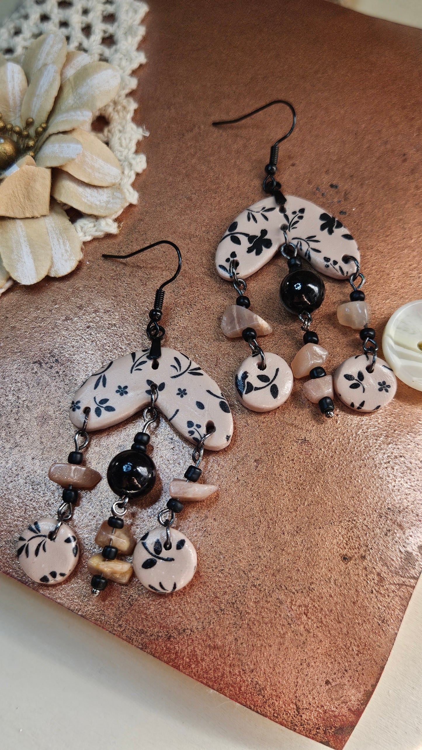 Funky Black & Tan Clay Earrings with Brown Natural Stone Dangles - 2½"