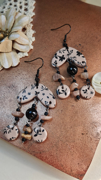 Funky Black & Tan Clay Earrings with Brown Natural Stone Dangles - 2½"