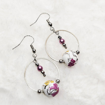Pink Floral Ceramic on Silver Hoop Dangles