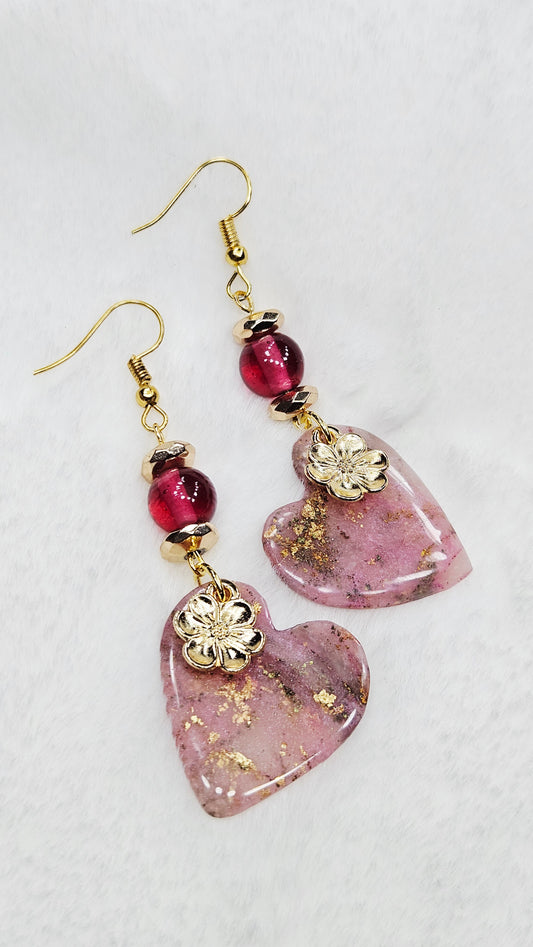 Pink Passion Marbled Clay Hearts with Gold Fleck, Golden Flower Charm and Dark Pink Glass Dangle Earrings - 2½"