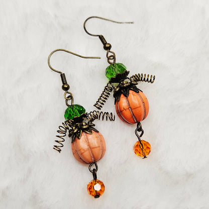 Orange Pumpkin Men Earrings with Round Crystal Dangles