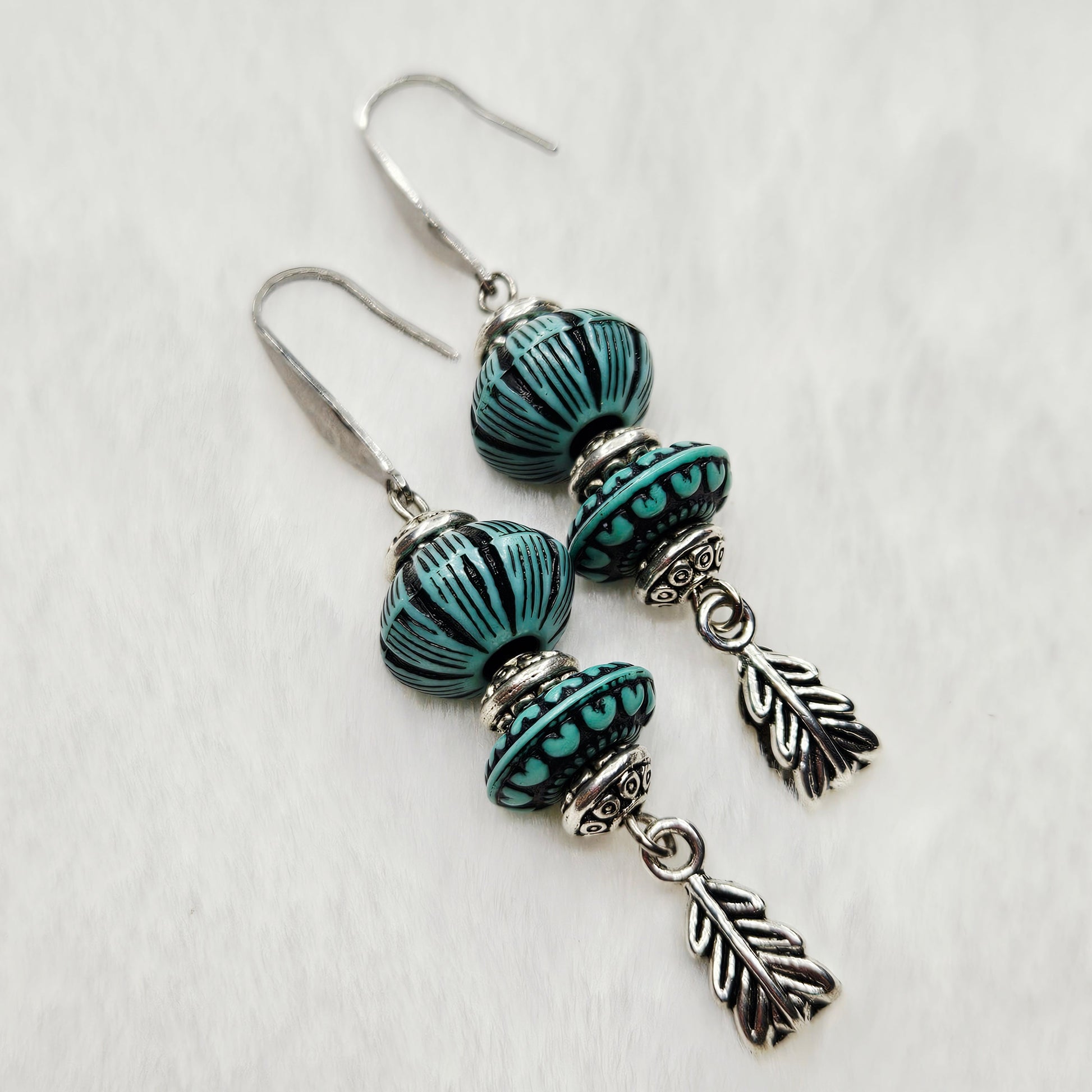 Western Style Vintage Turquoise and Silver Dangle Earrings with Feather Charms