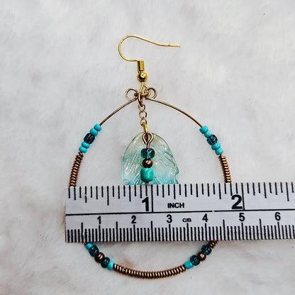 Boho Gold & Copper Wire Wrapped Hoops with Teal Blue Feathers and Seed Beads