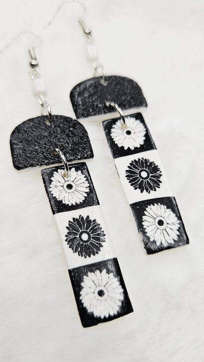 Monochrome Floral Print Clay Earrings with Black or White Arches - 3"