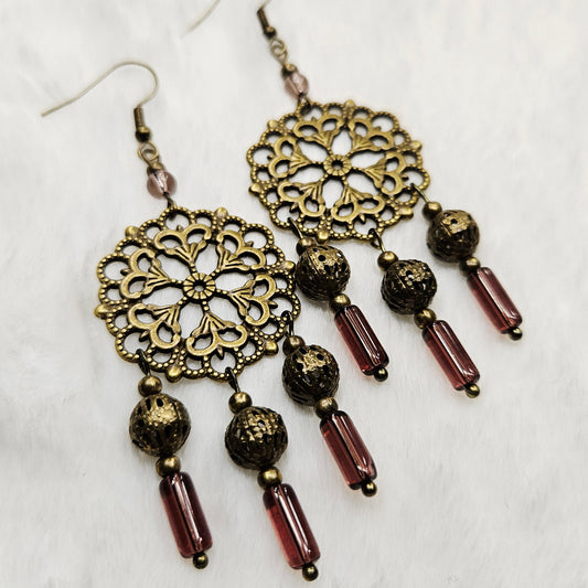 Round Antique Brass Tibetan Filigree Rhombus Chandelier Earrings with Smokey Purple Dangles