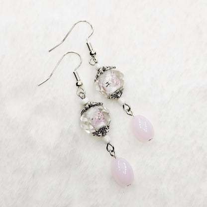 Hidden Flower Crystal Dangle Earrings with Light Pink Oval Glass and Silver Flower Caps - 2¼"
