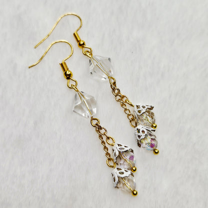 Iridescent Crystal Teardrop Drop Chain Dangle Earrings with White Filigree Bell Caps - 2¾"