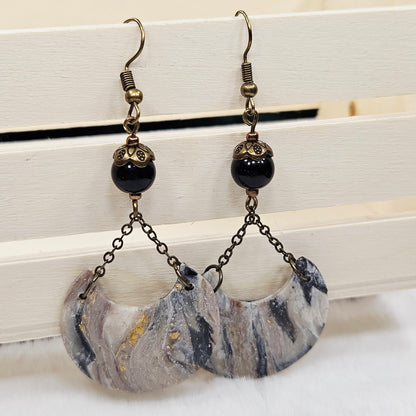 Black and Brown Gold Flake Marble Polymer Clay Crescent Earrings