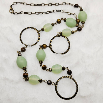 Tigers Eye and Green Frosted Glass Necklace in Antiqued Brass