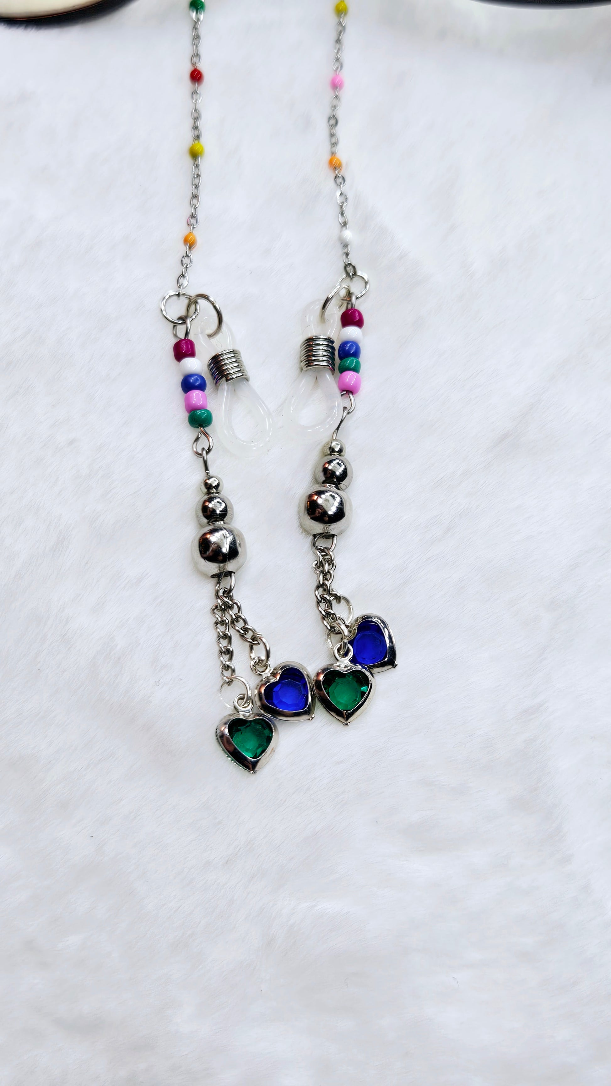 Blue & Green Hearts with Multicolor Silver Glasses Chain