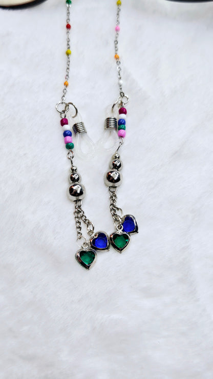 Blue & Green Hearts with Multicolor Silver Glasses Chain