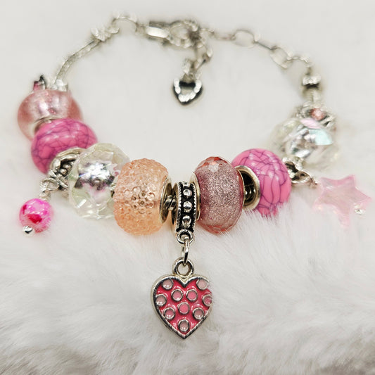 Customized Pink Polkadot Heart and Star Charm Bracelet