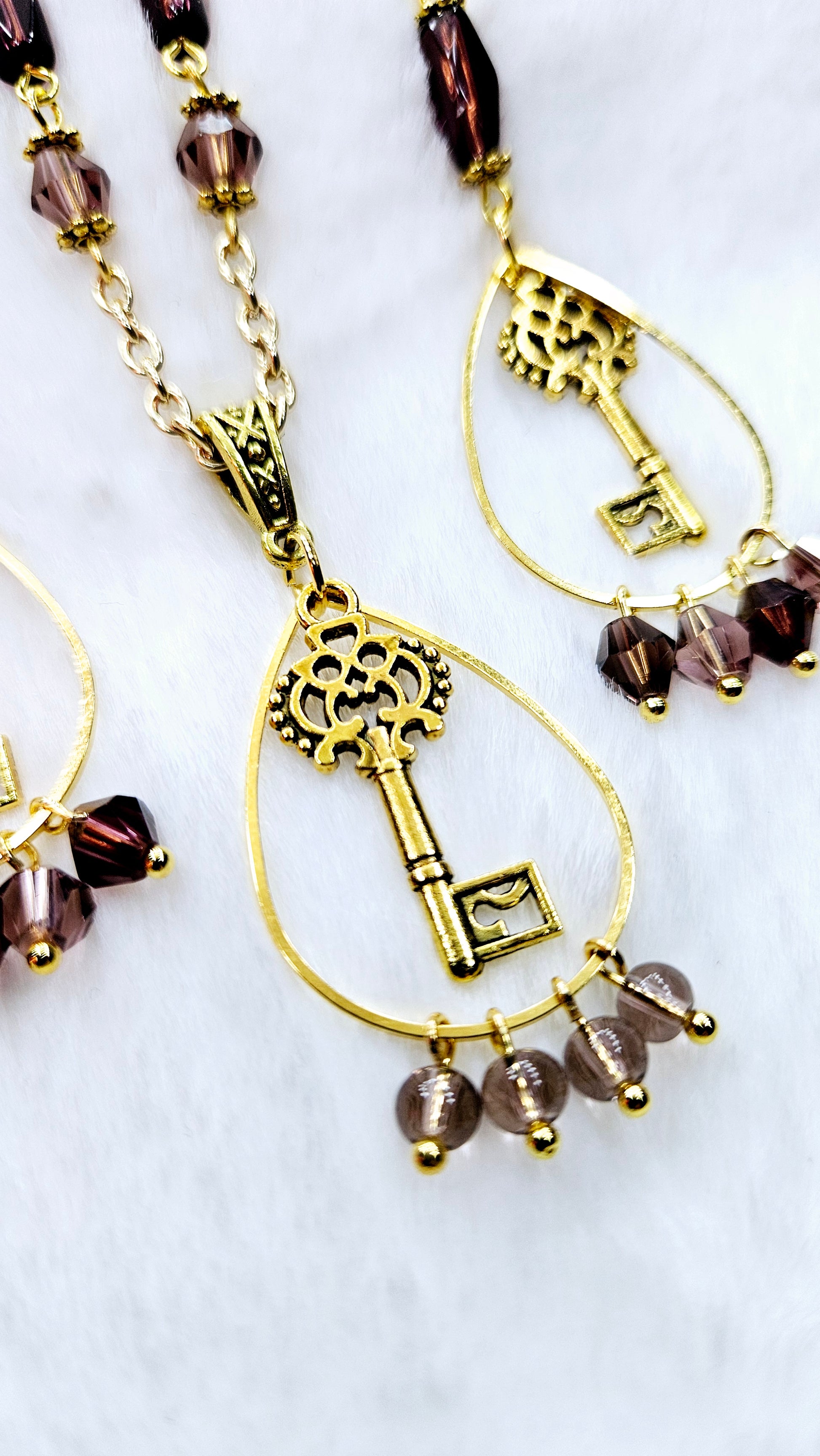 Stoic Skeleton Key Set: Golden Skeleton Keys Framed with a Beaded Teardrop & Deep Purple Glass Beads Matching Necklace & Earrings 