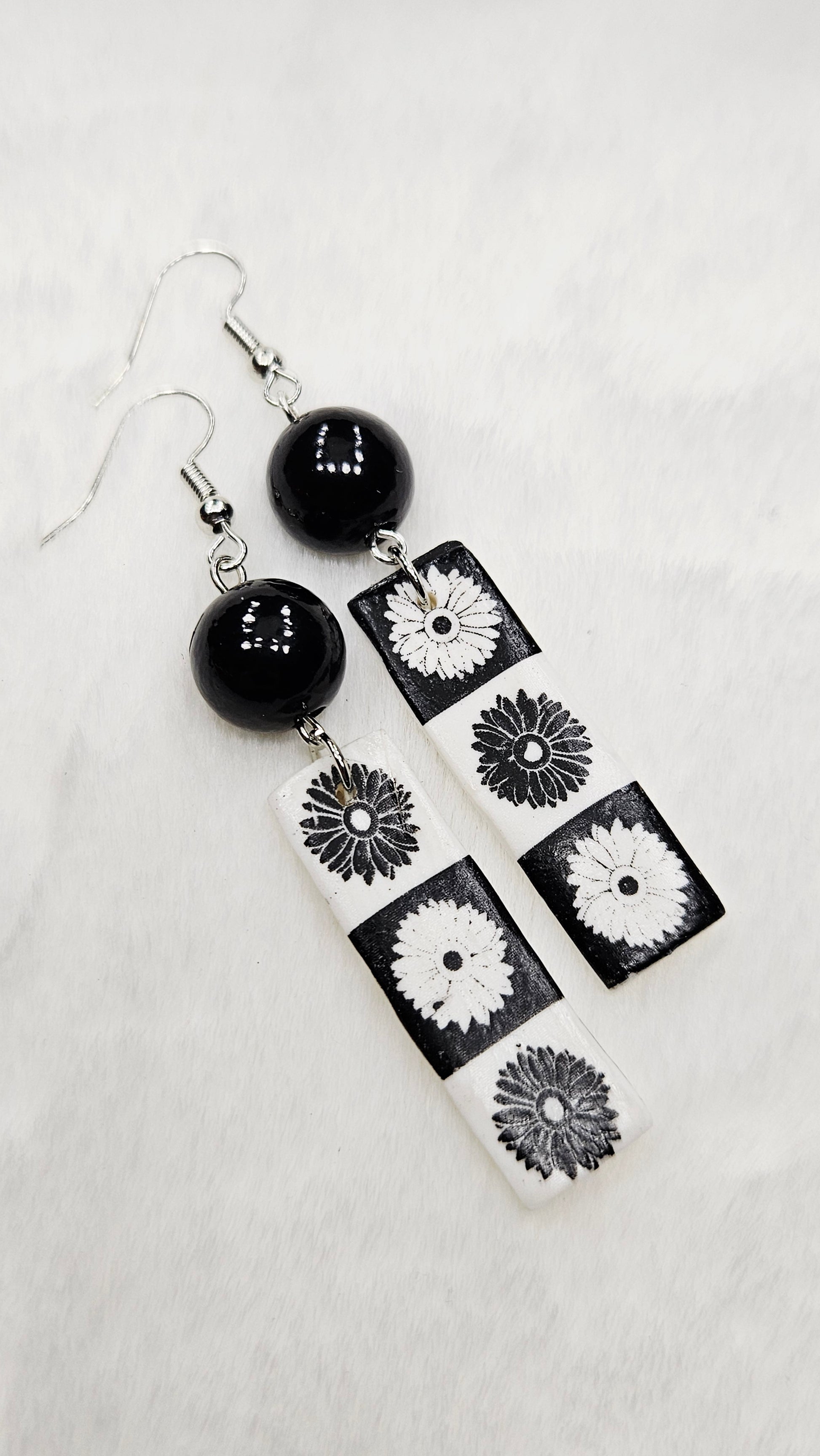 Monochrome Floral Clay Bar Dangle Earrings