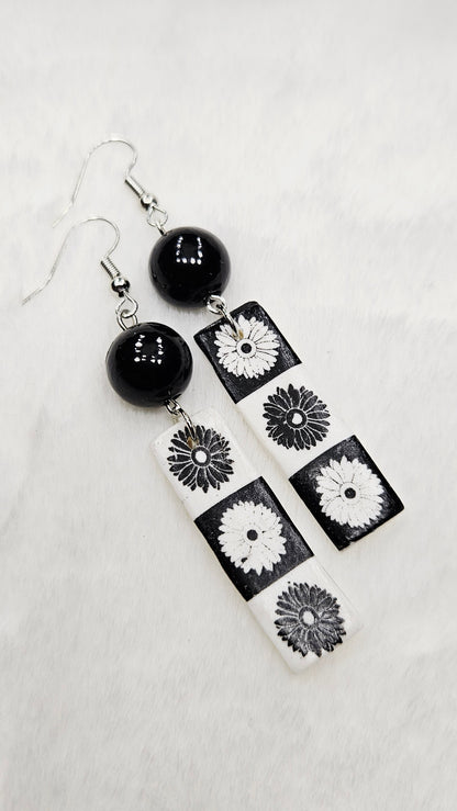 Monochrome Floral Clay Bar Dangle Earrings