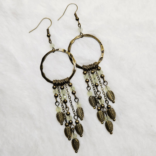Long Rustic Prehnite Crystal and Brass Leaf Chandelier Earrings