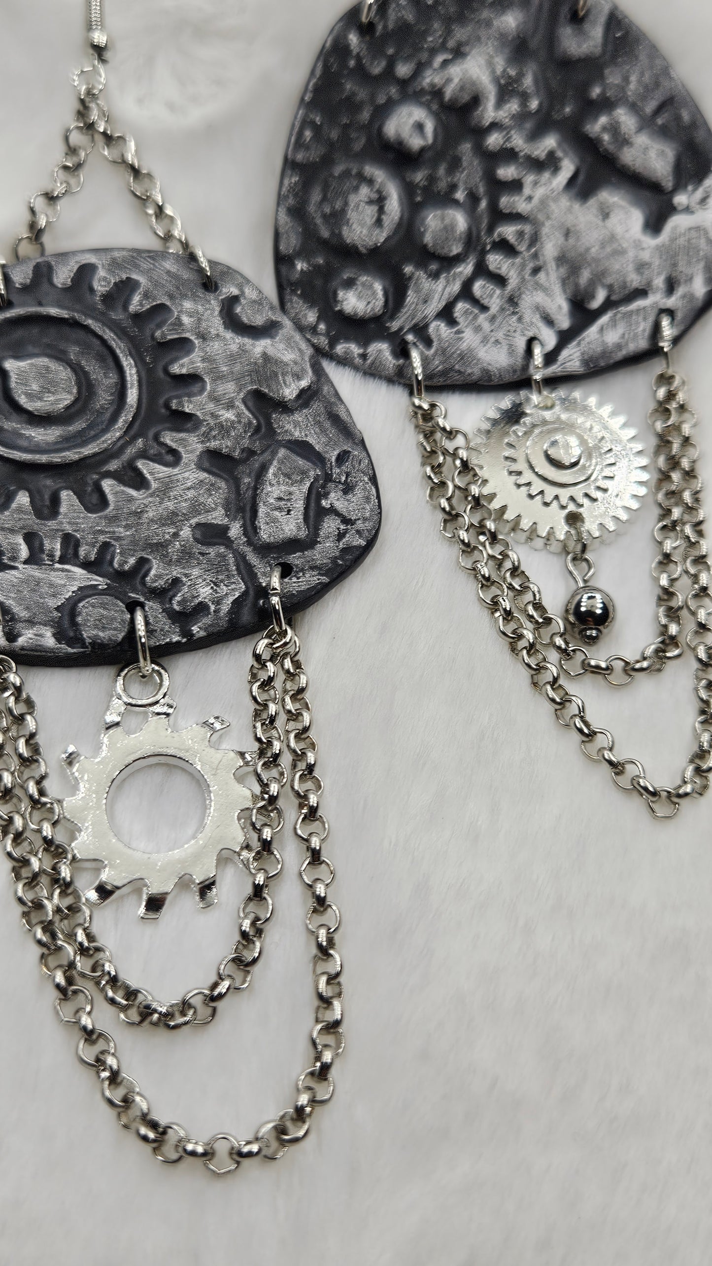 Pop, Lock & Cog It Silver Steampunk Chain Dangle Earrings with Silver Cogs