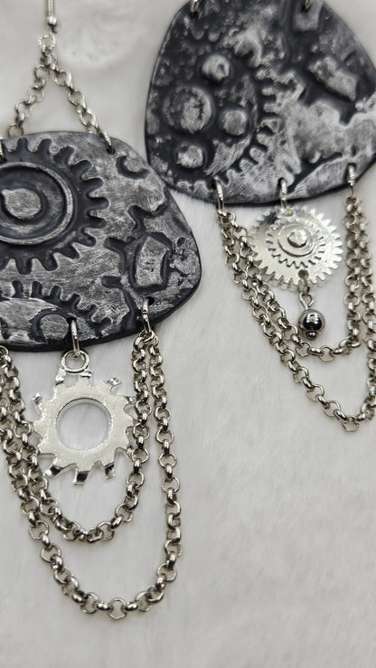 Pop, Lock & Cog It Silver Steampunk Chain Dangle Earrings with Silver Cogs