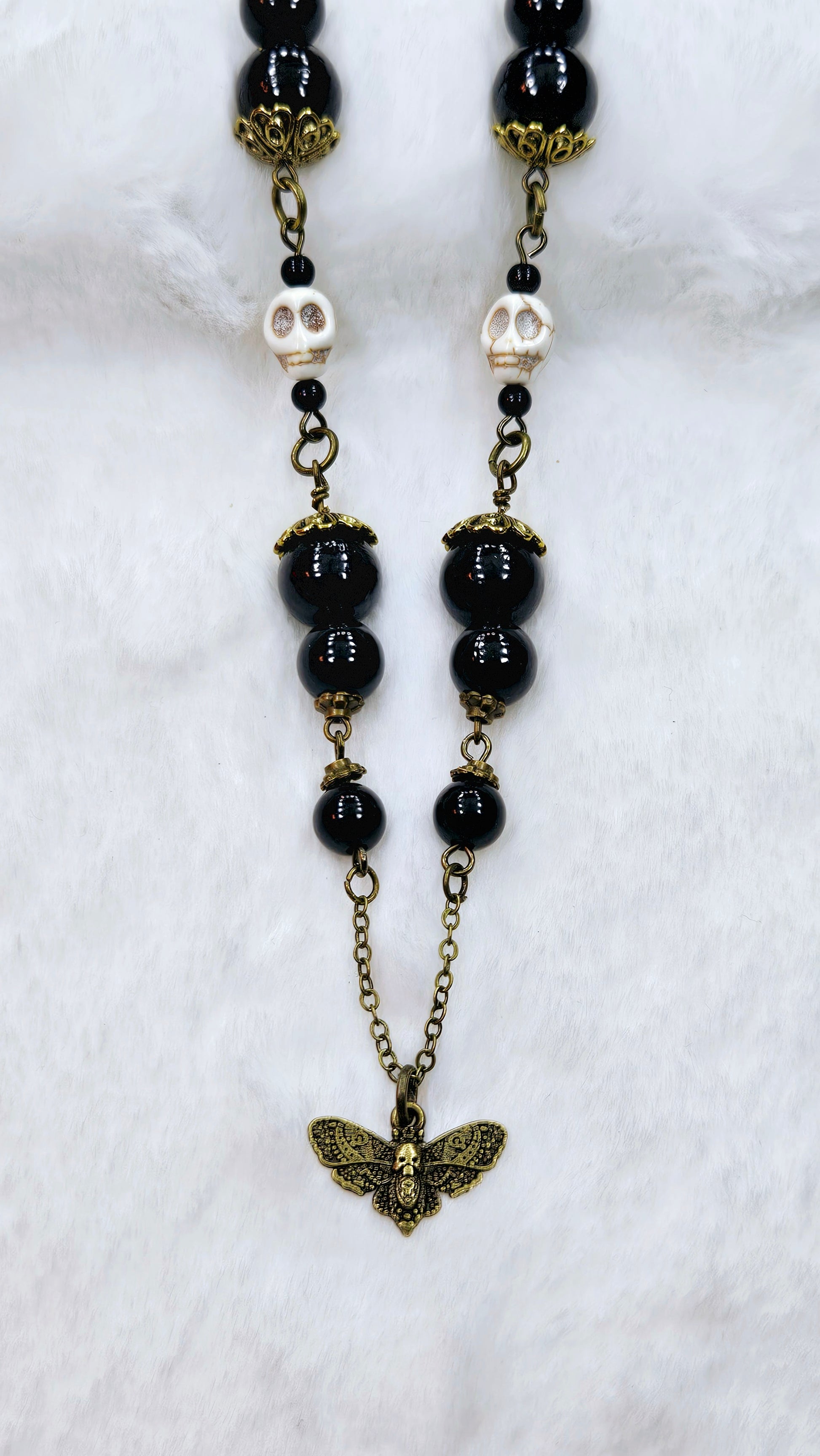 Macabre Moth & Skull Set: Brass Death Moth Pendant Necklace with Howlite Skulls & Matching Earrings