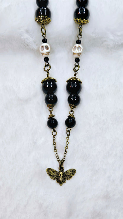 Macabre Moth & Skull Set: Brass Death Moth Pendant Necklace with Howlite Skulls & Matching Earrings
