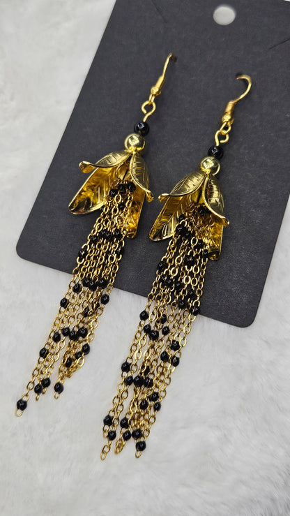 Golden Leaf Blossom Earrings with Long Gold & Black Chain Tassels