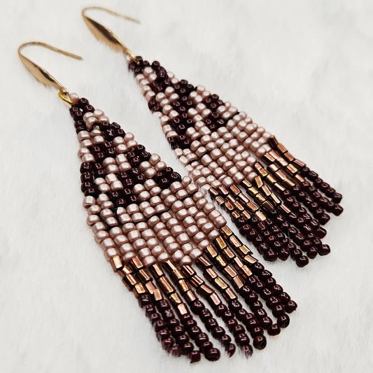 Beautiful Brown & Bronze Beaded Fringe Earrings