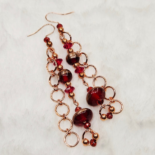 Unique Red Glass and Red Copper Chain Earrings